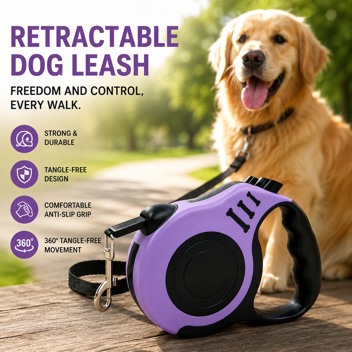 Auto-Retractable Dog Leash, One-Hand Control