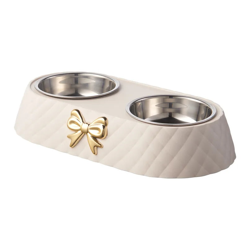 Non-Slip Luxury Pet Food Feeder Bowl with Gold Bow Accent Detachable Stainless Steel Double Dog Cat Bowls