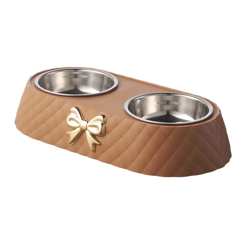 Non-Slip Luxury Pet Food Feeder Bowl with Gold Bow Accent Detachable Stainless Steel Double Dog Cat Bowls