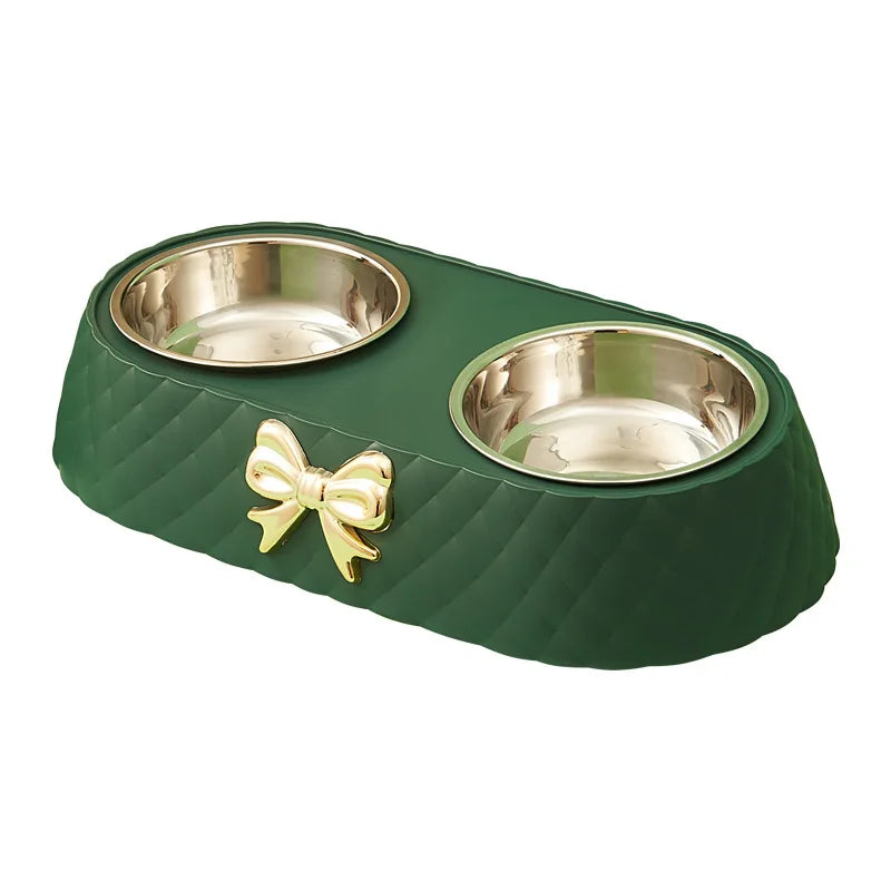 Non-Slip Luxury Pet Food Feeder Bowl with Gold Bow Accent Detachable Stainless Steel Double Dog Cat Bowls