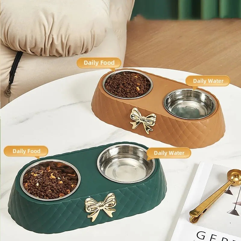 Non-Slip Luxury Pet Food Feeder Bowl with Gold Bow Accent Detachable Stainless Steel Double Dog Cat Bowls