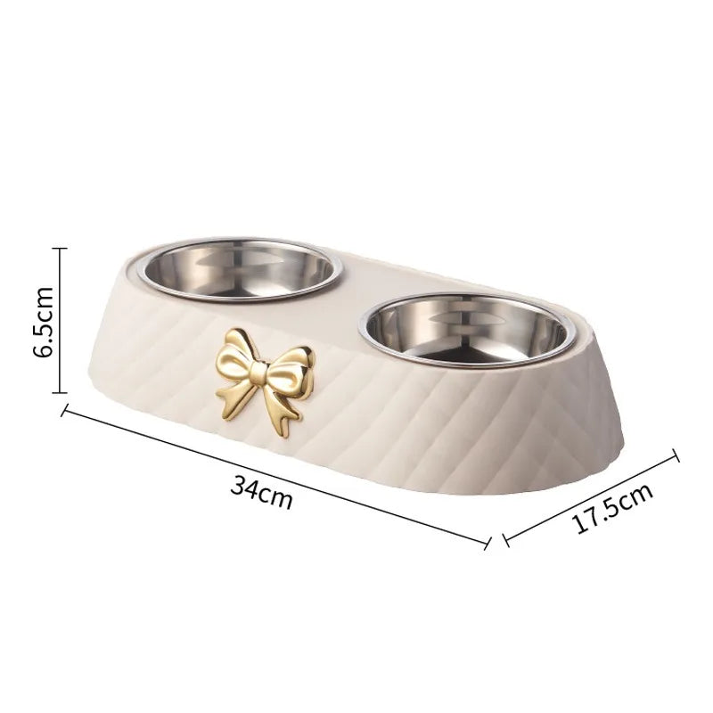 Non-Slip Luxury Pet Food Feeder Bowl with Gold Bow Accent Detachable Stainless Steel Double Dog Cat Bowls