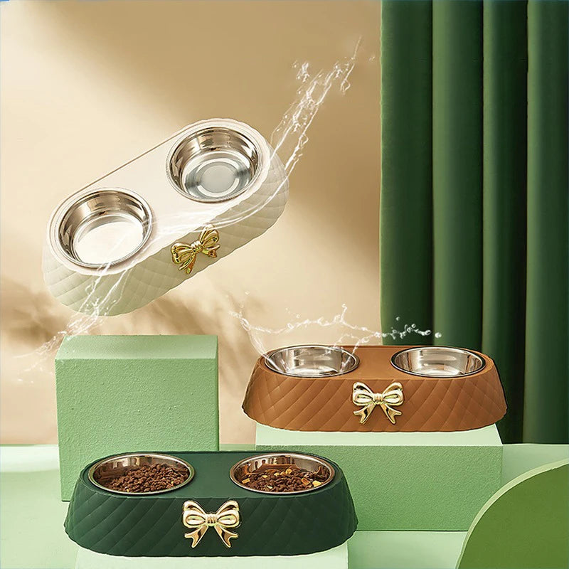 Non-Slip Luxury Pet Food Feeder Bowl with Gold Bow Accent Detachable Stainless Steel Double Dog Cat Bowls