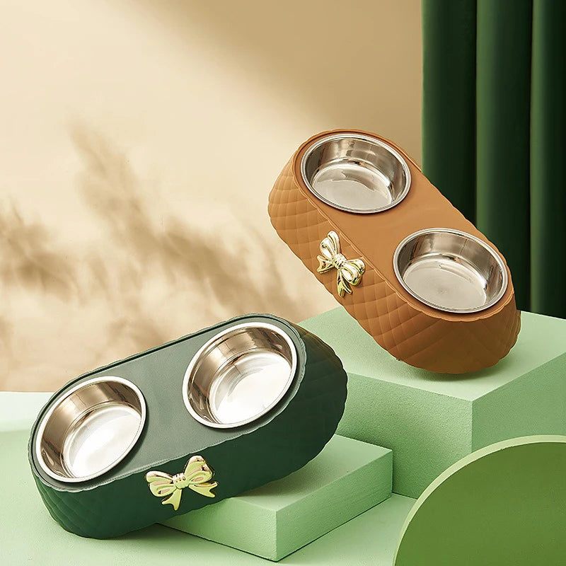 Non-Slip Luxury Pet Food Feeder Bowl with Gold Bow Accent Detachable Stainless Steel Double Dog Cat Bowls